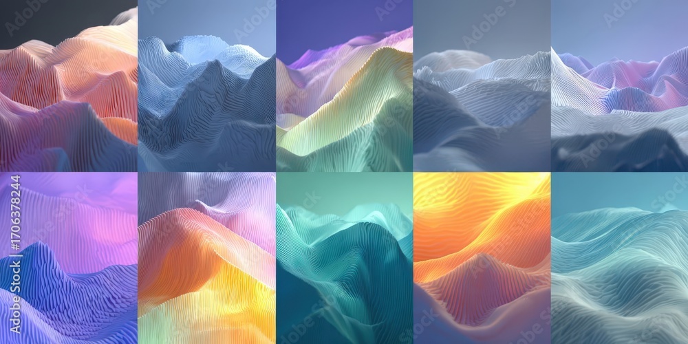Poster multi-layered pastel gradient waveforms in abstract digital art