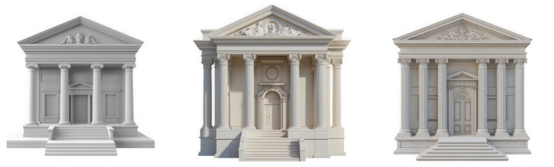Three classical greek or roman style buildings with columns and pediments, isolated on transparent background