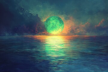 A vibrant green moon sets over a calm ocean, casting an ethereal glow on the dark, brooding clouds and tranquil water.