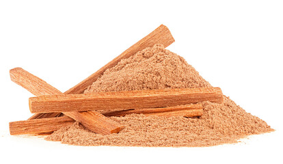 Sticks and powder of sandalwood isolated on a white background. Perfume, medicine. Tree of the...