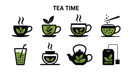 A Collection of Charming Tea Time Themed Icons Representing Various Tea Beverages and Accessories