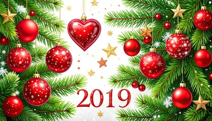 Festive Christmas 2019 banner with red ornaments, heart, stars, and pine branches on white background