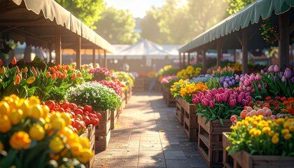 Farmers’ market stalls filled with fresh spring produce and flowers