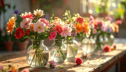 Fresh flowers being arranged in glass vases on a wooden table
