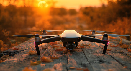 Drone Resting on a Wooden Surface Amidst Autumn Leaves During a Golden Sunset