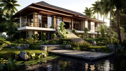 Obraz premium Modern tropical house surrounded by lush greenery and tranquil water features in summer