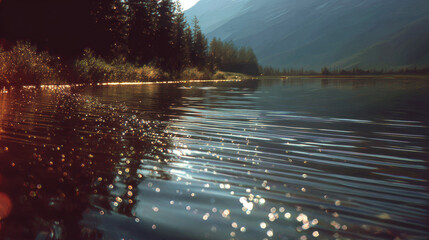 Sunlight sparkling on calm lake waters surrounded by dense pine forests and mountain reflections
