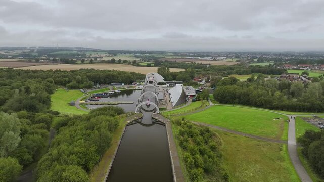 Falkirk Wheel from a drone, Forth and Clyde Canal, Falkirk, Scotland, UK
