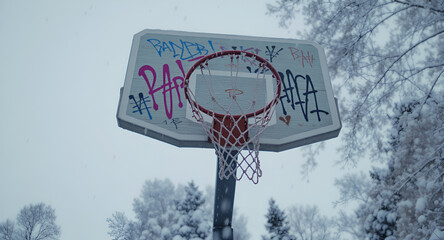 Graffiti covered Basketball Hoop Stands Under Snowfall Amidst Bare Trees