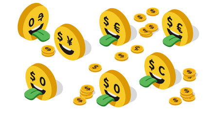 Isometric emoji faces with currency symbols displaying greed and wealth