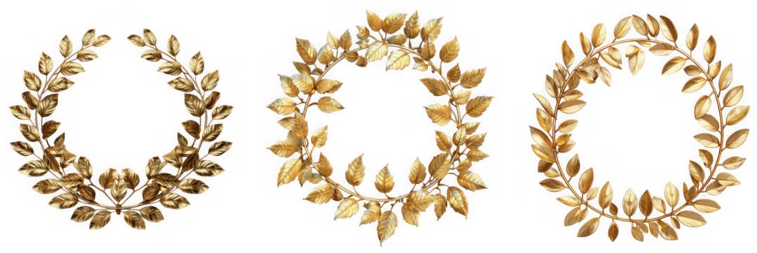 Three golden laurel wreaths arranged in a row, isolated on transparent background