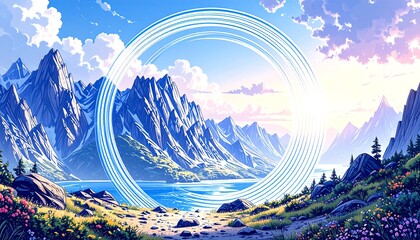 Mountain lake panorama with glowing circle