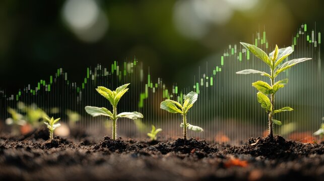 Growth of plants with financial graph overlay in a garden setting during daytime - Powered by Adobe