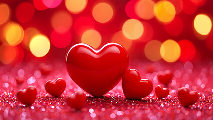 Red hearts on sparkling surface with bokeh lights