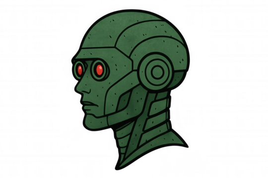 Illustration of a green robot head with red eyes, symbolizing artificial intelligence, on a transparent background