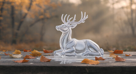 Elegant Clear Ice Sculpture of a Majestic Deer Resting Amidst Falling Autumn Leaves on a Wooden Surface
