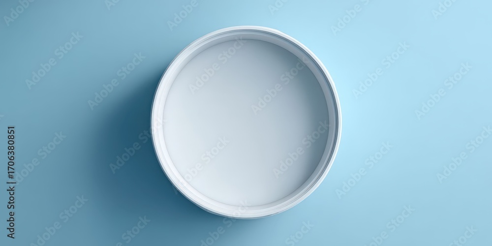 Poster overhead view of empty white circular container on light blue background