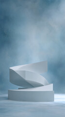 A modern abstract white sculptural pedestal with curved geometric layers in a misty blue studio background
