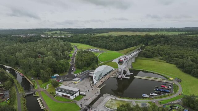 Falkirk Wheel from a drone, Forth and Clyde Canal, Falkirk, Scotland, UK