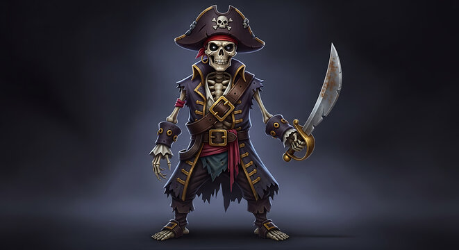 Halloween a skeletal pirate captain stands menacingly, wielding a cutlass, his tattered clothes and skull hat hinting at a ghostly seafaring adventure