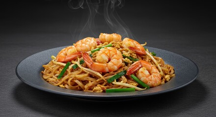 Fototapeta premium Hot Steaming Pad See Ew with Shrimp. Traditional Thai Stir-fried Rice Noodles with Prawns, Green Onions, and Bean Sprouts on a Dark Plate