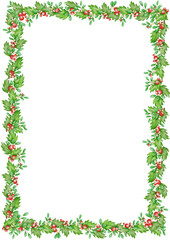 Watercolor Christmas border with holly leaves and red berries. Festive frame design on transparent background, perfect for invitations, cards, decoration, and holiday projects