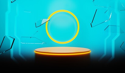 3d illustration rendering of y2k 2000s gaming technology futuristic fantasy metaverse cyberpunk sci-fi display podium pedestal stage room abstract background in neon-glow