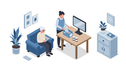 Elderly care isometric scene with home medicine management and assistance