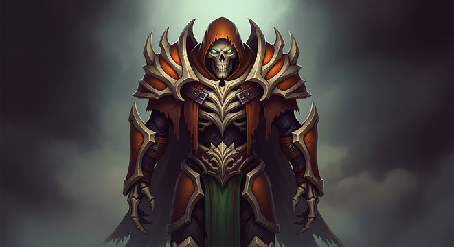 Halloween illustration of a formidable skeletal warrior clad in ornate armor, standing against a smoky backdrop, evoking a sense of dark fantasy and power