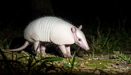 Obraz premium A night image captures an armadillo with a light-colored shell and pink features, exploring the undergrowth