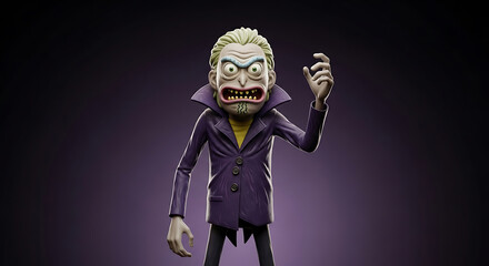 Halloween a cartoonish vampire with wild eyes and a sinister grin stands menacingly, his purple coat adding to his eccentric and unsettling appearance