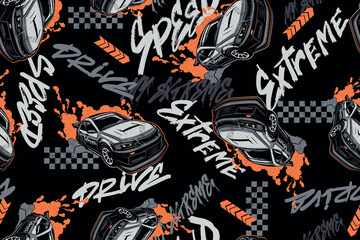 Seamless pattern with drift cars, graffiti words SPEED, DRIVE, EXTREME, checkered racing flags, orange paint splashes, dynamic automotive streetwear design for boys, motorsport style print.
