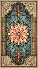 vintage stained glass window illustration, detailed engraving, soft muted colors, aged paper texture