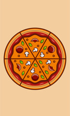 pizza with pepperoni mushrooms and basil vector illustration