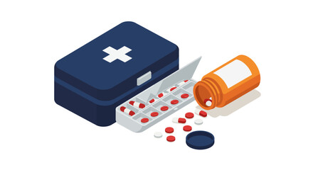 Isometric medical supplies: pill organizer and medicine box concept