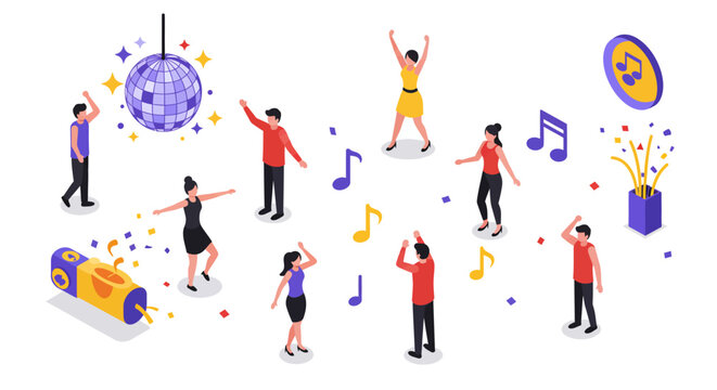 Isometric party dance scene with music notes and disco elements