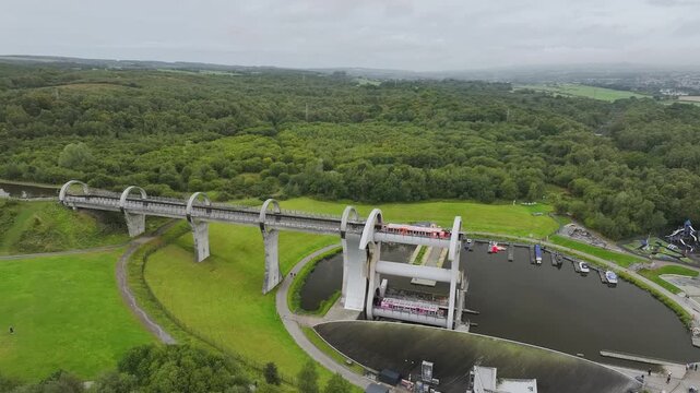 Falkirk Wheel from a drone, Forth and Clyde Canal, Falkirk, Scotland, UK