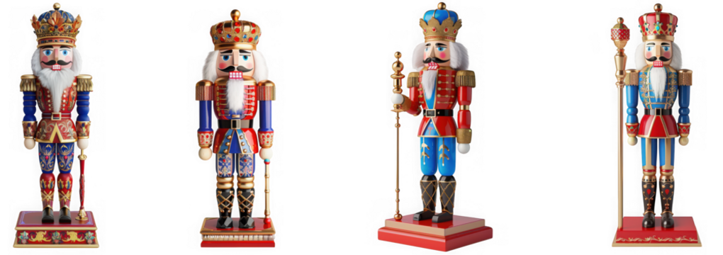 Four traditional nutcracker soldier figures with ornate uniforms and crowns, isolated on transparent background