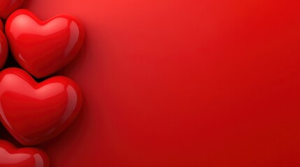 A collection of glossy red hearts arranged against a solid red background, ideal for themes of love, romance, or affection, Great for invitations, greeting cards, or marketing materials,