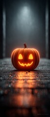 Illuminated sinister pumpkin: the essence of spooky festivities. Dark aesthetic. Intriguing halloween icon: subtle deviations of the sinister pumpkin theme. Color blocking. Graphic poster.