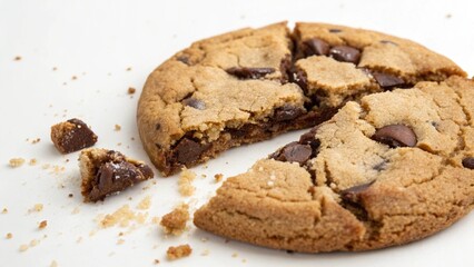 Close-up: a fractured chocolate chip cookie's intricate texture, a sugary delight on white