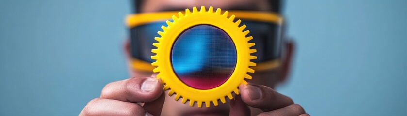 A person wearing stylish goggles holds a colorful lens-like object in front of their face, showcasing creativity and innovation, This image is perfect for tech articles, science projects