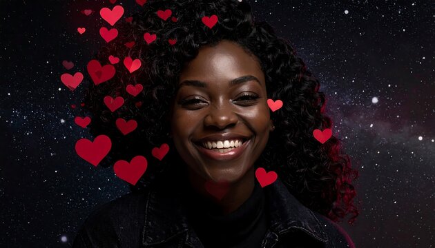 Joyful woman, hearts in cosmic backdrop