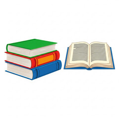 Stack of colorful books with an open book lying next to it on a white background