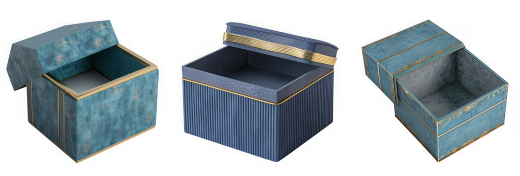 Three empty blue decorative gift boxes with lids, isolated on transparent background