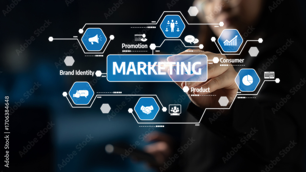 Poster a business professional engages with marketing concepts displayed on a digital interface, symbolizin