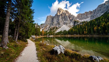 Mountain lake path autumn