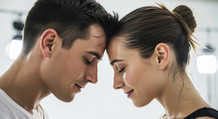 Intimate close-up of two professional ballet dancers resting and sharing a quiet emotional moment during a rehearsal break