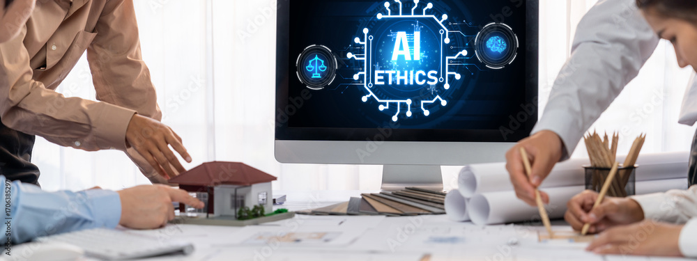 Poster ai ethics responsibility standard law and rules on computer screen provide report of ai ethic transp