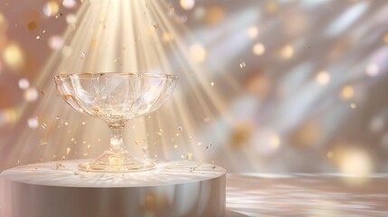 Elegant crystal bowl podium bathed in golden light and sparkling confetti background celebration